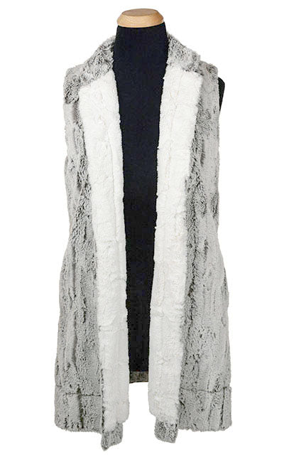Product shot of reversible Mandarin Vest - Luxury Faux Fur in Khaki with a Cuddly Ivory Lining shown in Open - Handmade USA by Pandemonium Seattle