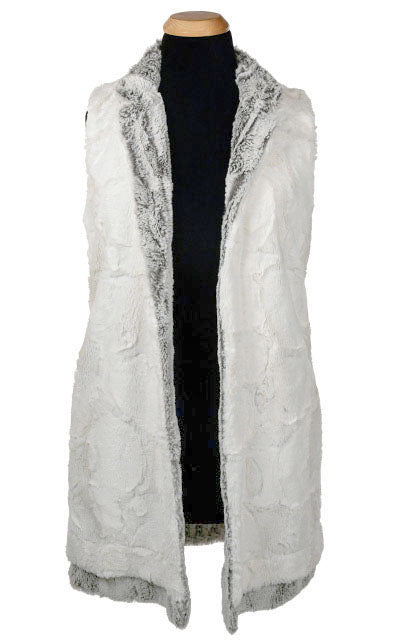 Product shot of Mandarin Vest - Luxury Faux Fur in Khaki with a Cuddly Ivory Lining shown in reverese - Handmade USA by Pandemonium Seattle