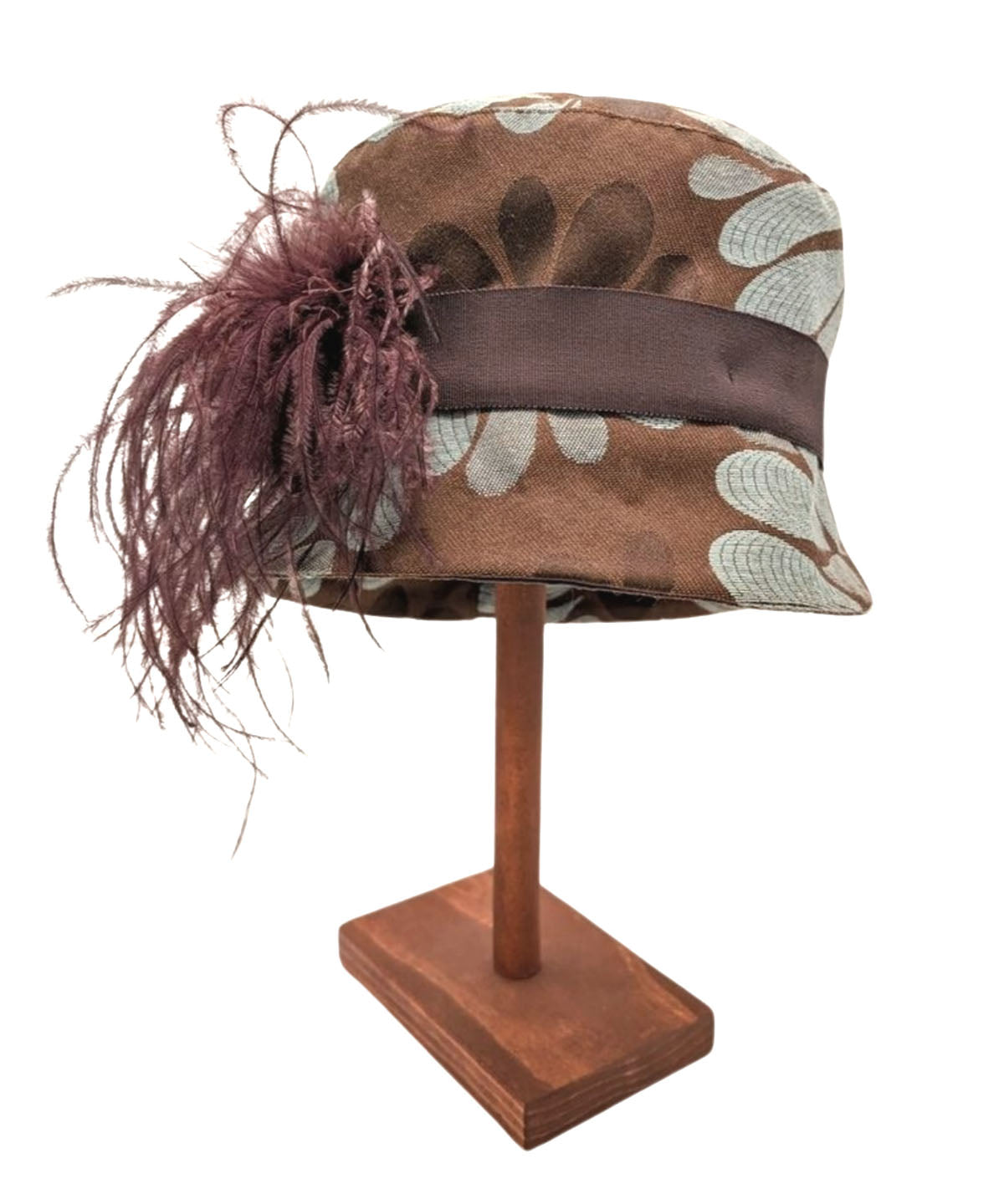 Maurice Bucket Style Hat in Bluestone Daisey in Blue and Brown with a Chocolate Grosgrain Band and a Brown Ostrich Feather Brooch shown cuffed | Handmade in Seattle WA | Pandemonium Seattle