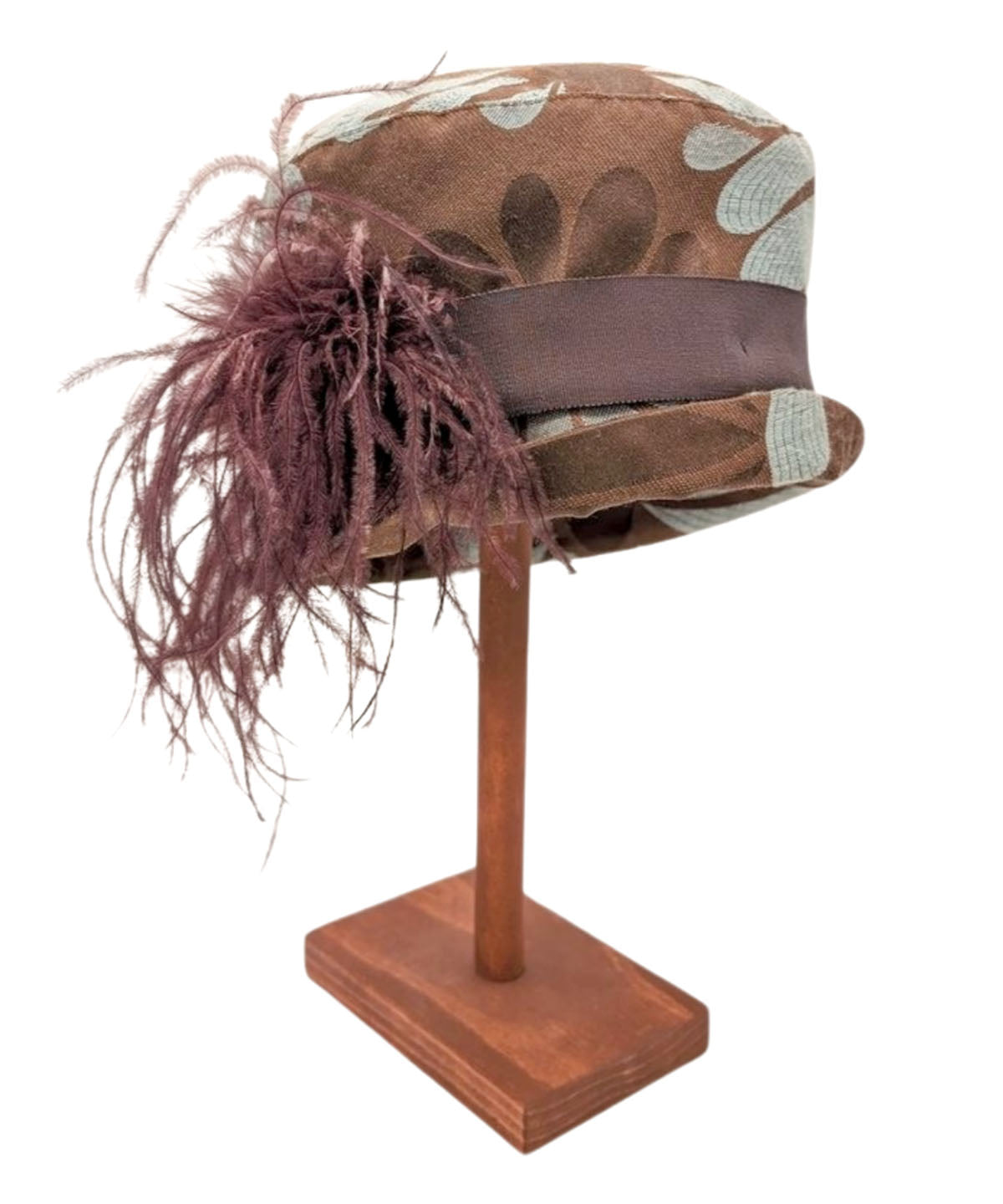 Maurice Bucket Style Hat in Bluestone Daisey in Blue and Brown with a Chocolate Grosgrain Band and a Brown Ostrich Feather Brooch shown cuffed | Handmade in Seattle WA | Pandemonium Seattle