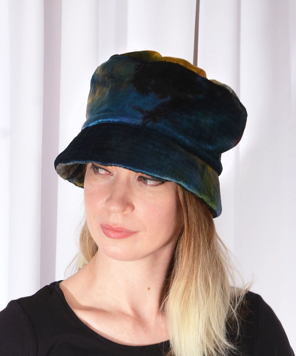 Model wearing Maurice Bucket Style Hat in Forest Floor Tie Dye Velvet | Handmade in Seattle WA | Pandemonium Seattle