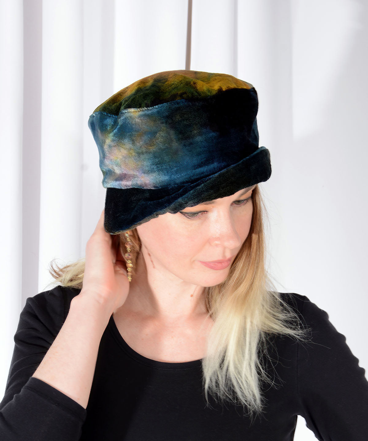 Model wearing Maurice Bucket Style Hat in Cinder Tie Dye Velvet | Handmade in Seattle WA | Pandemonium Seattle