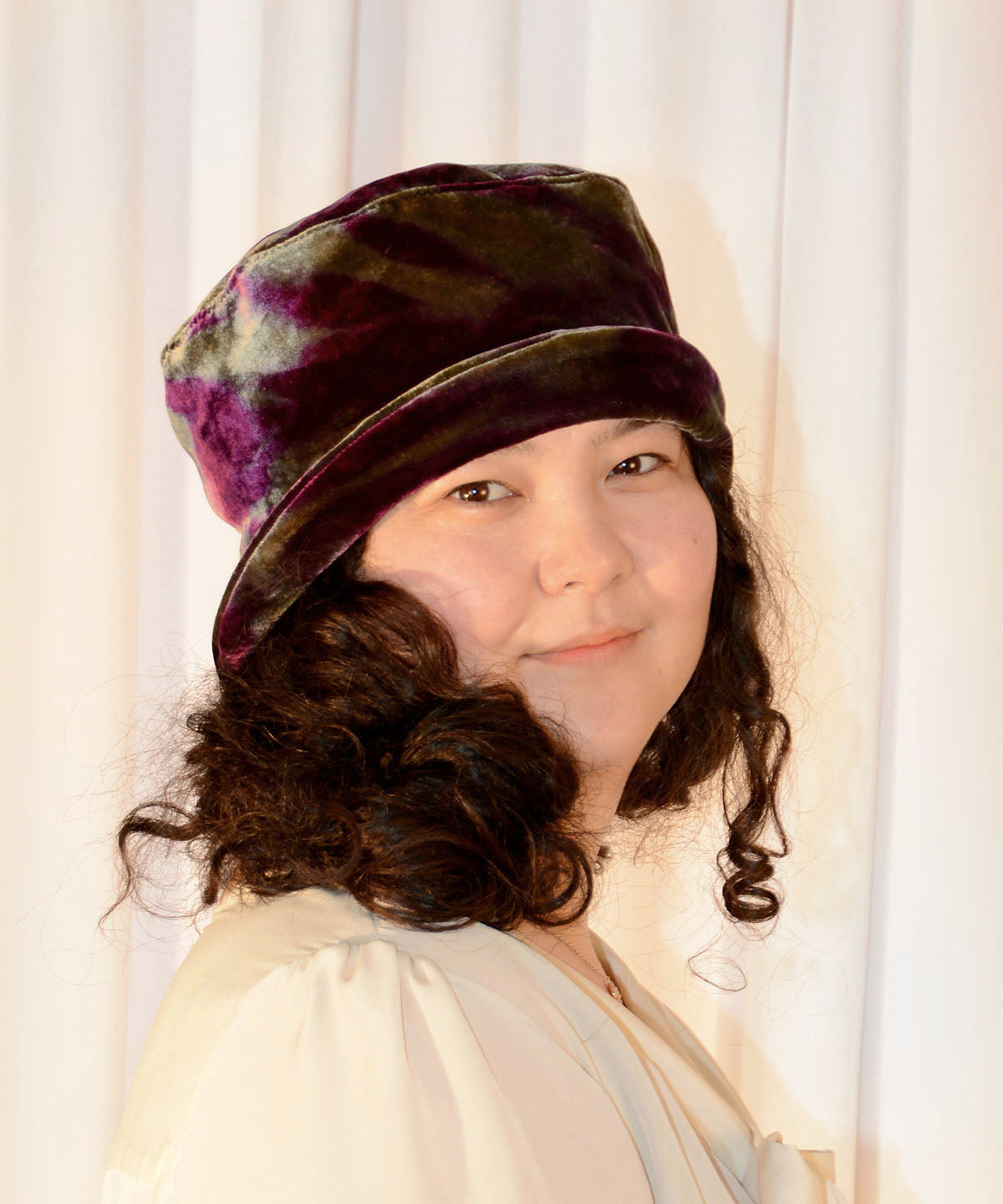 Model wearing Maurice Bucket Style Hat in Purple Skies Tie Dye Velvet | Handmade in Seattle WA | Pandemonium Seattle