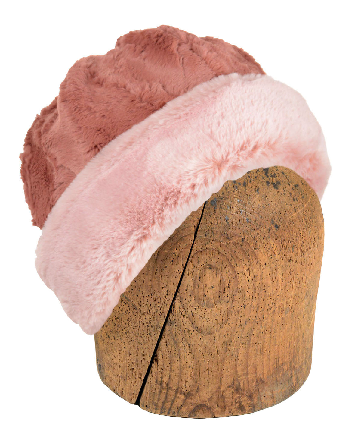 Men&#39;s Beanie Hat, Reversed | Frosted Cedar Faux Fur With Cuddly Faux Fur Copper River, Salmon Pink | Handmade in the USA by Pandemonium Seattle