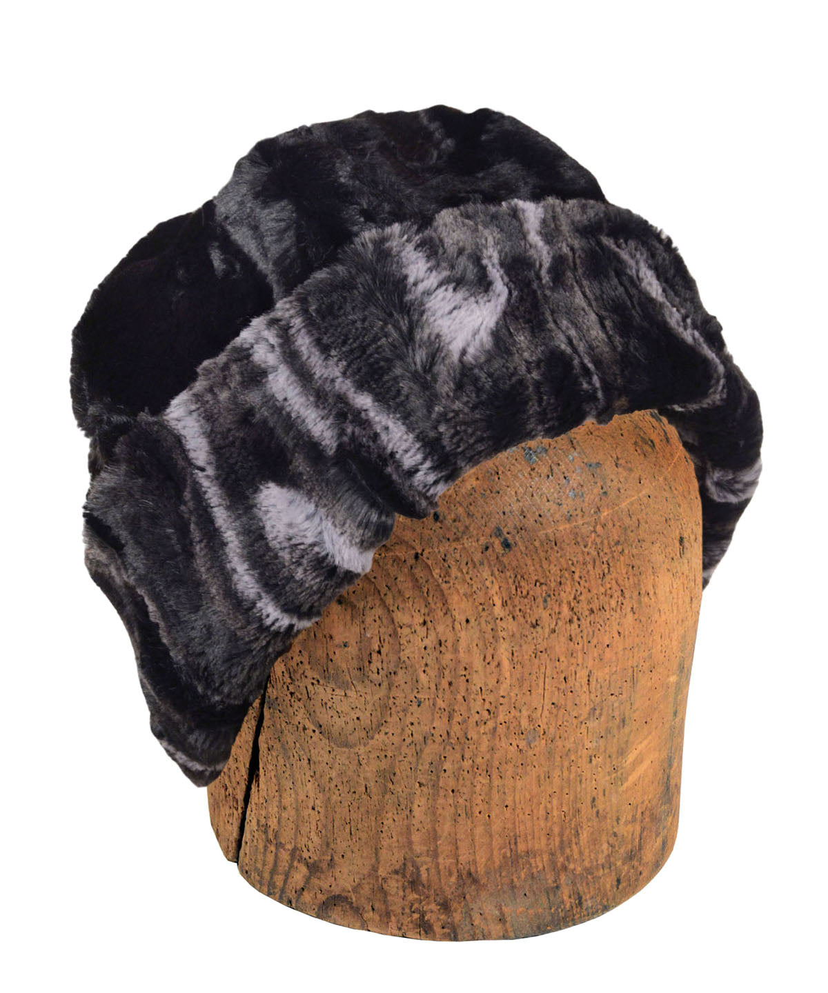 Men&#39;s Beanie Hat, reversed | Luxury Faux Fur in Black Marble Dune with Cuddly Black | Handmade in Seattle WA by Pandemonium Millinery USA