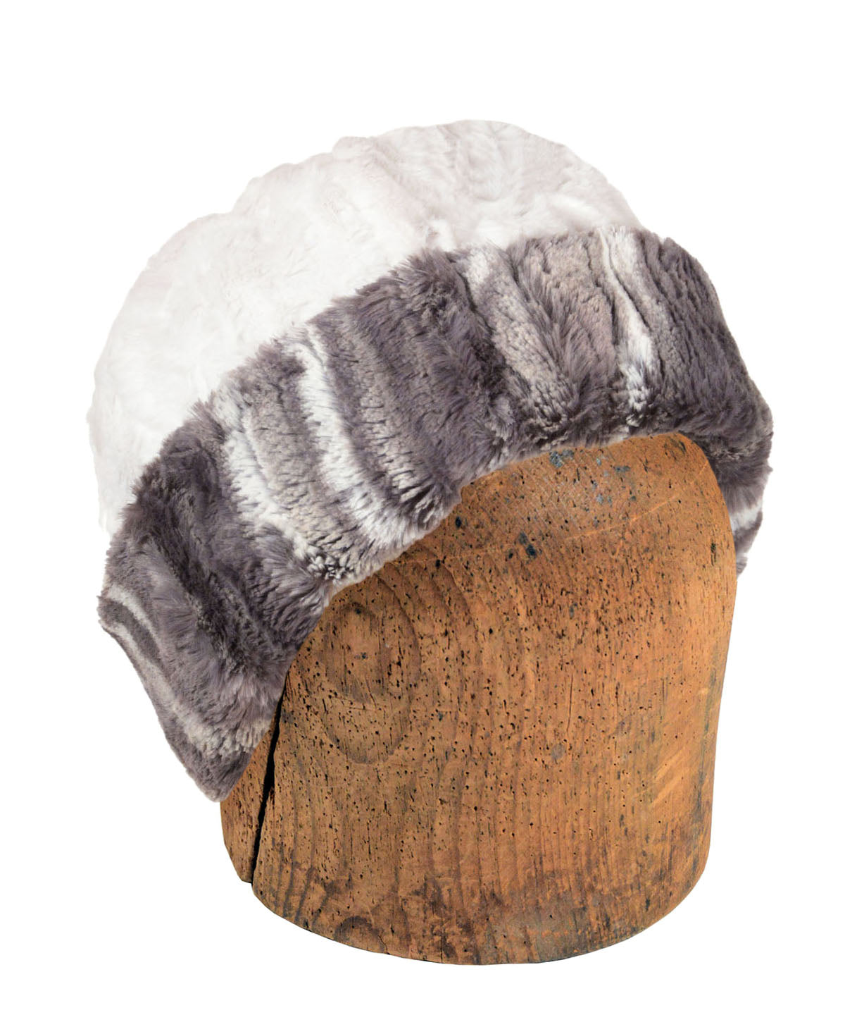 Men's Beanie Hat in Gray Marble Dune Faux Fur reversed to Cuddy Ivory handmade in Seattle WA USA by Pandemonium Millinery