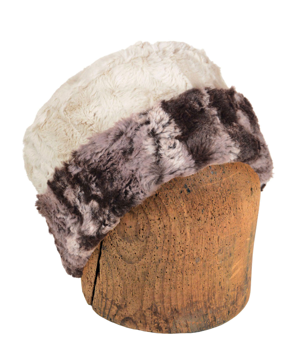 Men's Two-Tone Cuffed Pillbox, Reversed | Luxury Faux Fur in Mocha lined Cuddly Sand | Handmade in Seattle WA by Pandemonium Millinery USA
