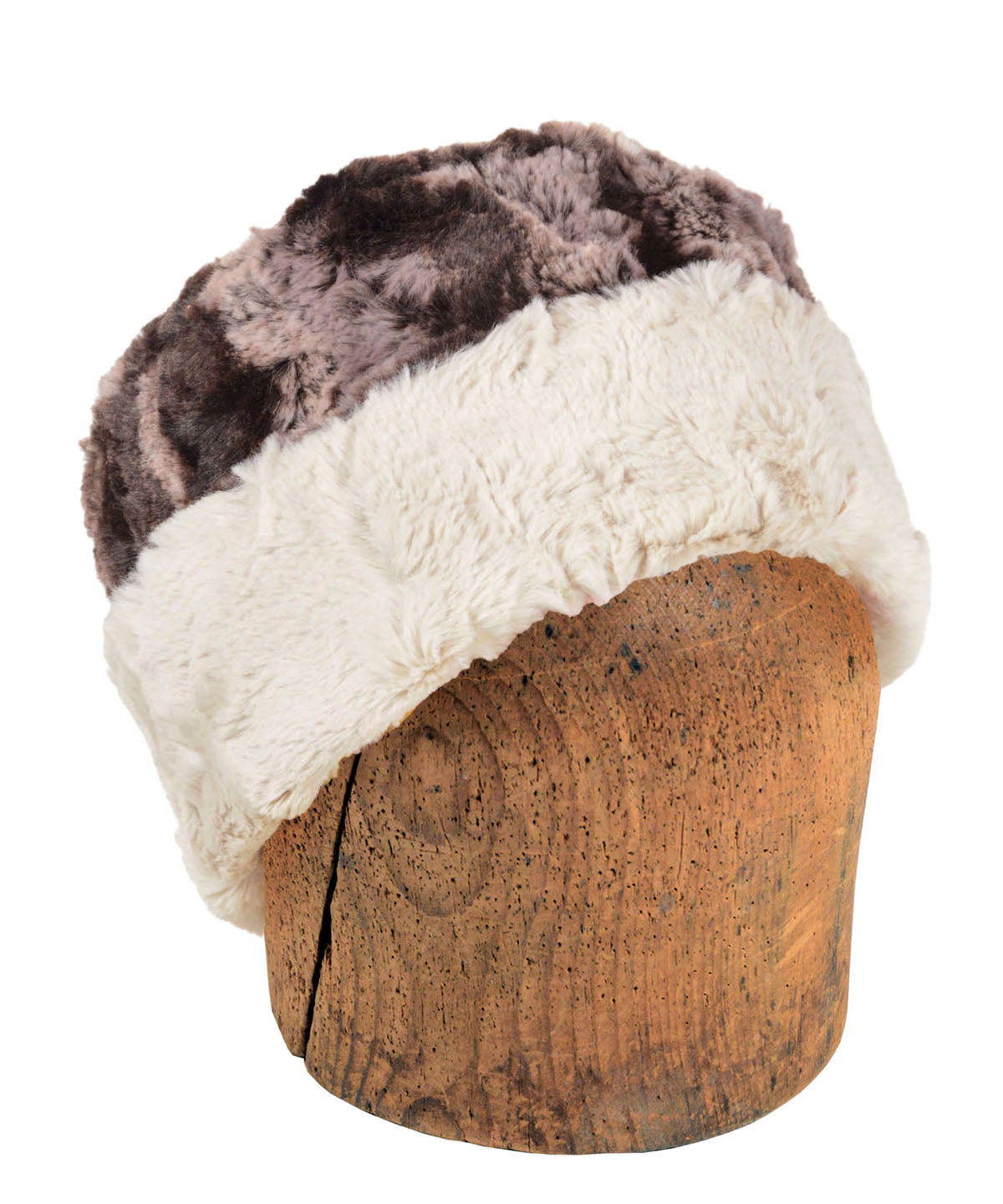 Men's Two-Tone Cuffed Pillbox | Luxury Faux Fur in Mocha lined Cuddly Sand | Handmade in Seattle WA by Pandemonium Millinery USA
