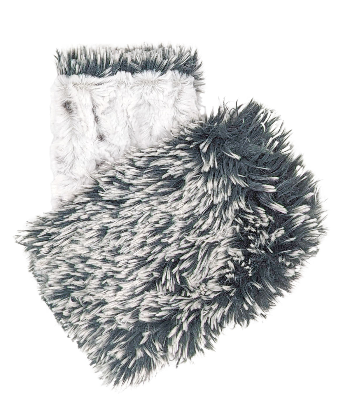 Mens Fingerless Gloves in Winters Frost lined with Silver Tipped Fox Faux Fur in Blue Steel. These Hand Warmers are fully reversible. Handmade in Seattle, WA, USA by Pandemonium Seattle.