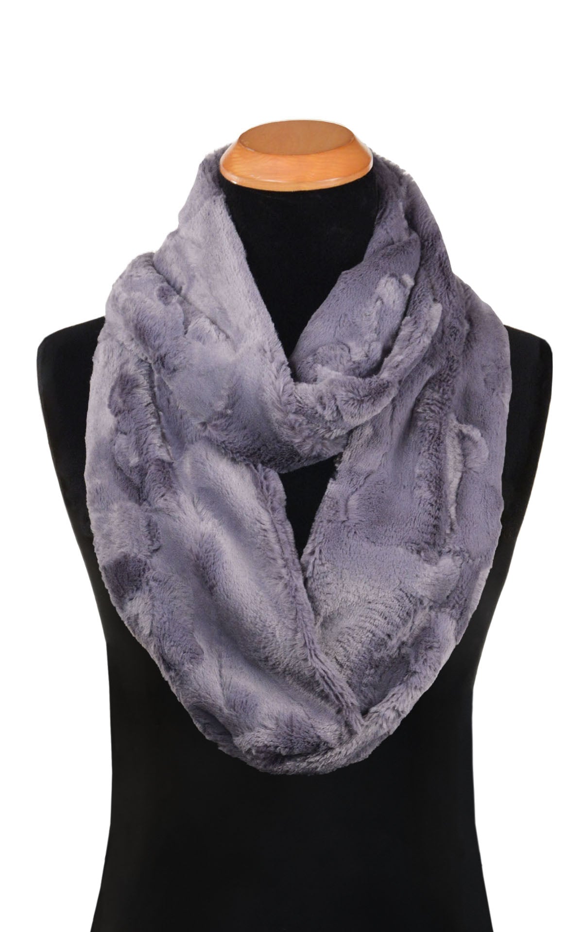 Men’s Infinity Loop Scarf on Mannequin | Cuddly Faux Fur in Cool Gray Faux Fur | Handmade in Seattle WA | Pandemonium Millinery