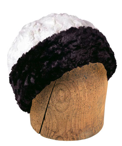 Men's Beanie Hat, Reversed | Cuddly Faux Fur in Black lined Ivory | Handmade in Seattle WA by Pandemonium Millinery USA