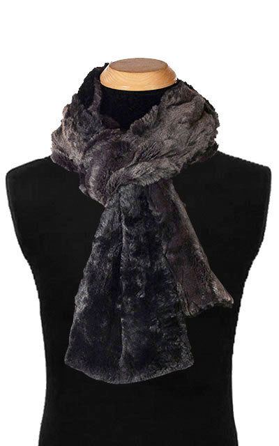 Men’s Product shot on mannequin of Classic Two-tone Scarf | Espresso in blacks and browns Faux Fur | Handmade by Pandemonium Millinery Seattle, WA USA