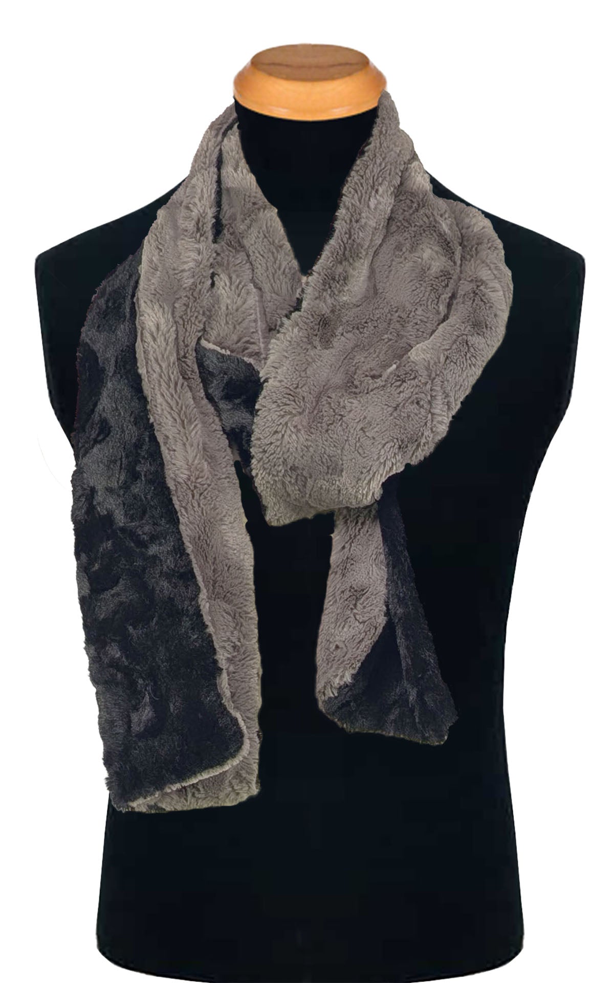 Men's Two-Tone Scarf in  Cuddly Faux Fur in Taupey with Cuddly Black on draped loosely black mannequin. Handmade by Pandemonium Seattle.  Seattle, WA USA