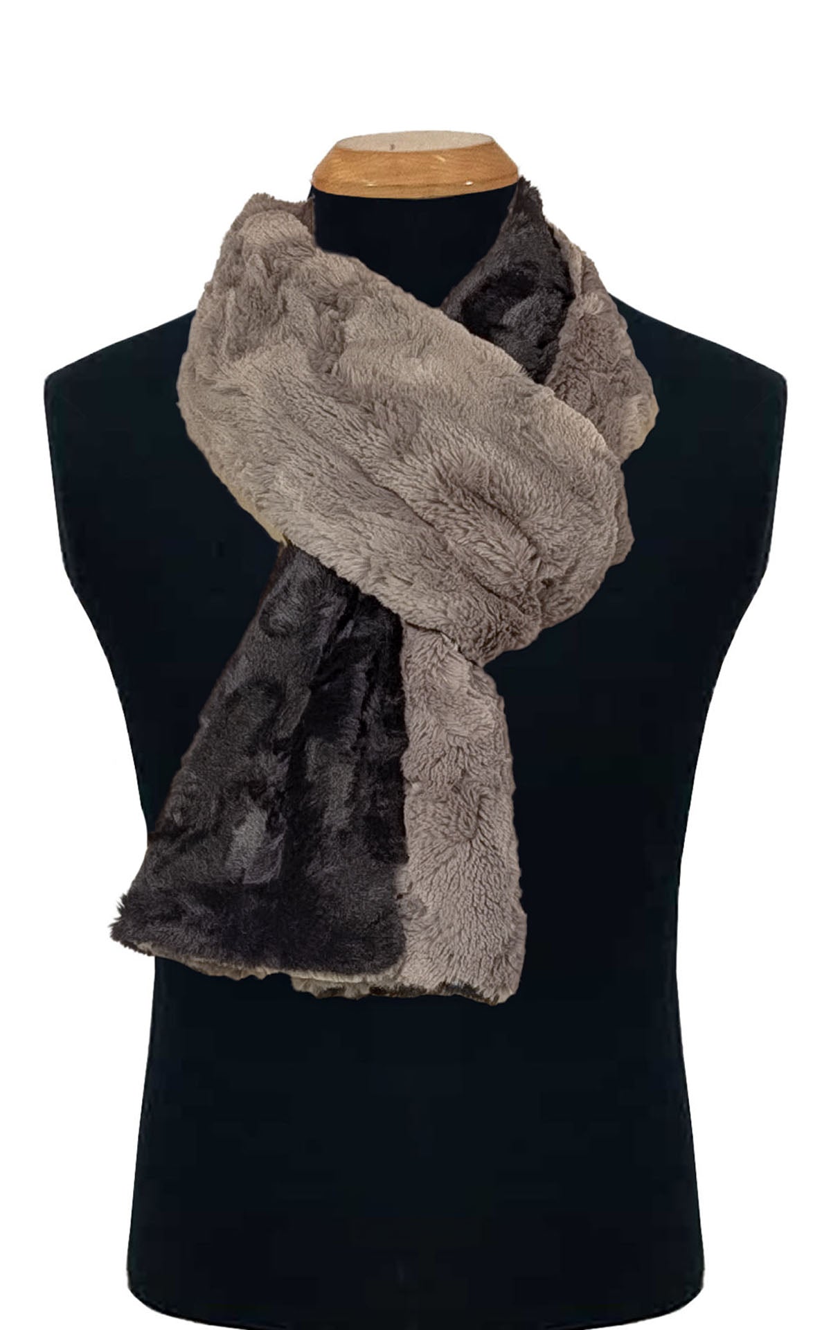Men's Two-Tone Scarf in  Cuddly Faux Fur in Taupey with Cuddly Black on draped loosely black mannequin. Handmade by Pandemonium Seattle.  Seattle, WA USA