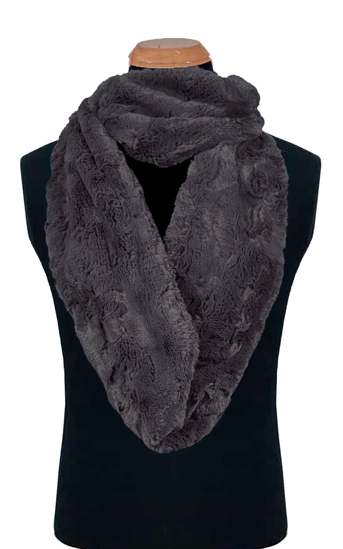 Men's Infinity Scarf in Cuddly Faux Fur in Smoky featured on a black mannequin. By Pandemonium Seattle. Handmade in Seattle , WA, USA.  