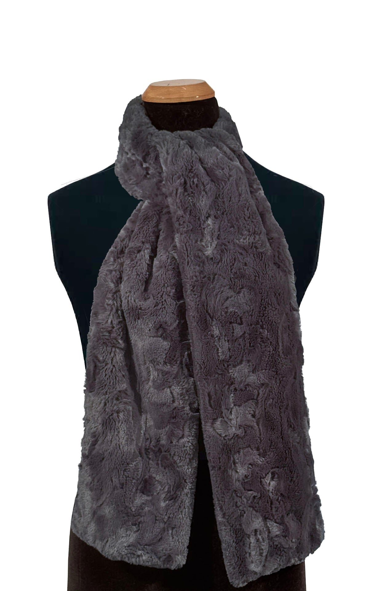 Men's Classic Scarf in Cuddly Faux Fur in Smoky. Styled closely to the neckline with one loop and tail presented in front. Handmade by Pandemonium Millinery. Seattle, WA, USA