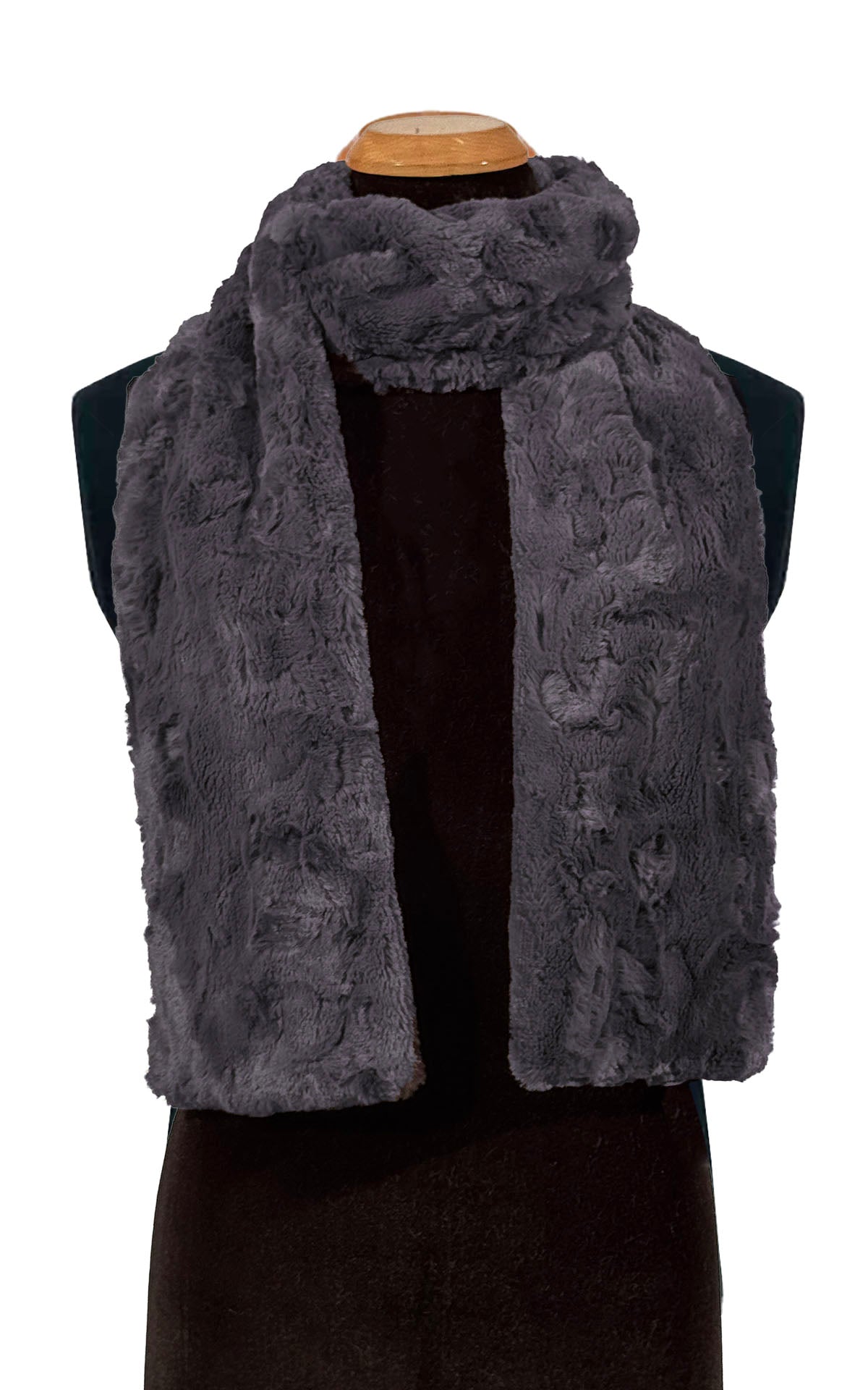 Classic Scarf for Men in Cuddly Faux Fur in Smoky. Styled with scarf both tails pulled through a loop.   Handmade by Pandemonium Millinery. Seattle, WA, USA