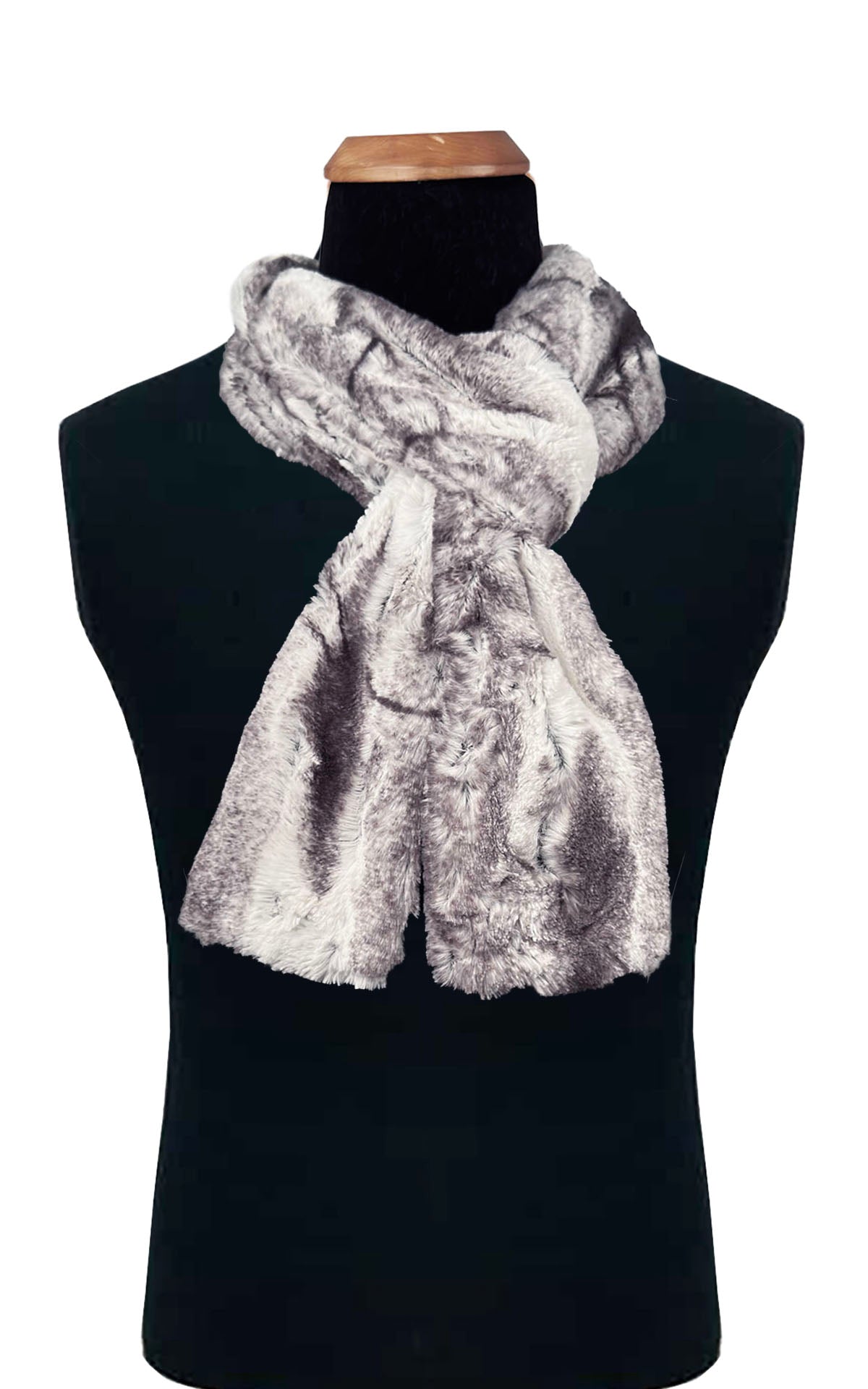 Men's  Scarf in Smoke Show Faux Fur scarf on a black mannequin against a white background. Handmade by Pandemonium Seattle. Seattle, WA, USA
