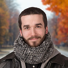 man wearing black and white cozy cable faux fur neck warmer cozy handmade in USA by Pandemonium Seattle