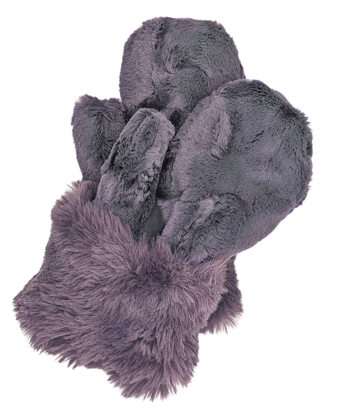 Product shown is our faux fur Mittens with Sugar Plum cuffs. Sugar Plum is part of the Enchanted Dreams Collections, a plush, long fake fur. Handmade in Seattle, WA, USA by Pandemonium Seattle.