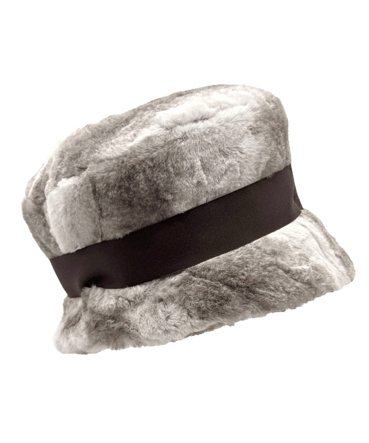 Molly Bucket Hat in Luxury Driftwood Faux Fur with Chocolate Ribbon Band. Made in Seattle, WA, USA by Pandemonium Seattle.