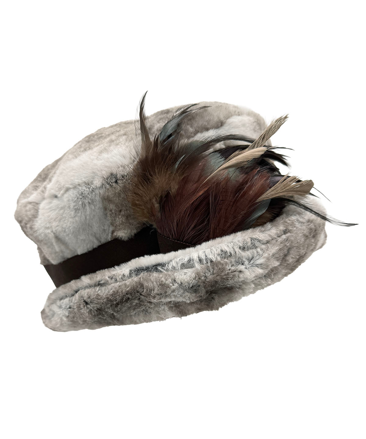 Molly Bucket Hat in Luxury Driftwood Faux Fur with Chocolate Ribbon Band and Feather Trim, shown with brim turned up. Made in Seattle, WA, USA by Pandemonium Seattle.