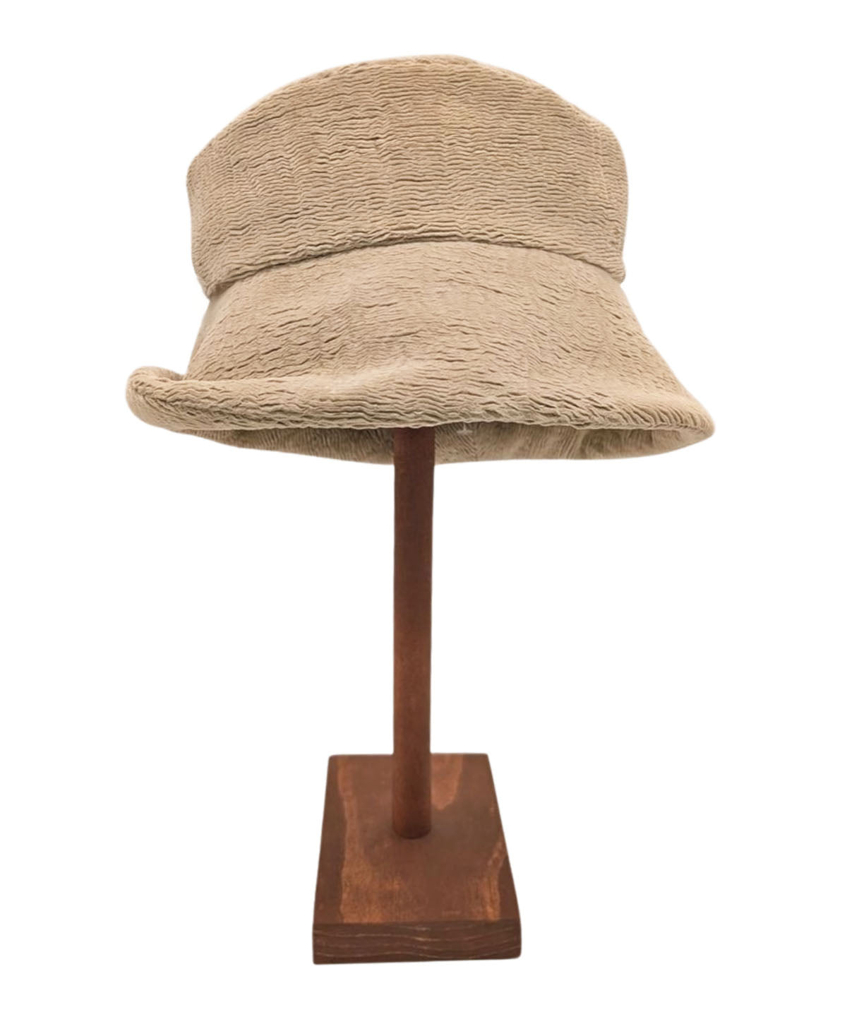 Product Shot of Molly Bucket Style Hat in Evolution in Putty Upholstery | By Pandemonium Millinery | Seattle WA USA