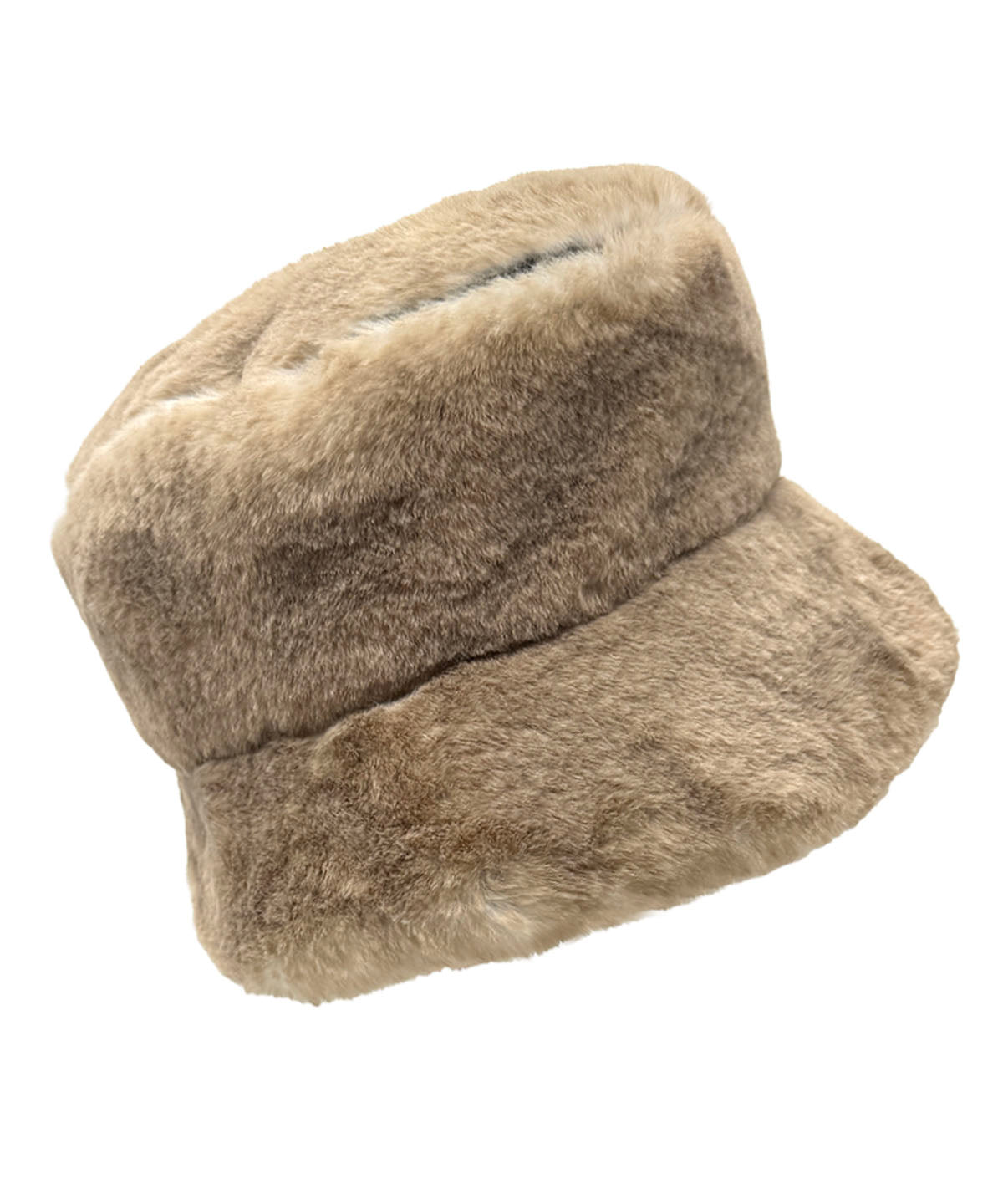 Molly Bucket Hat in Coastal Plush Golden Bluff Faux Fur, shown with the brim turned down. Made in Seattle, WA, USA by Pandemonium Seattle.