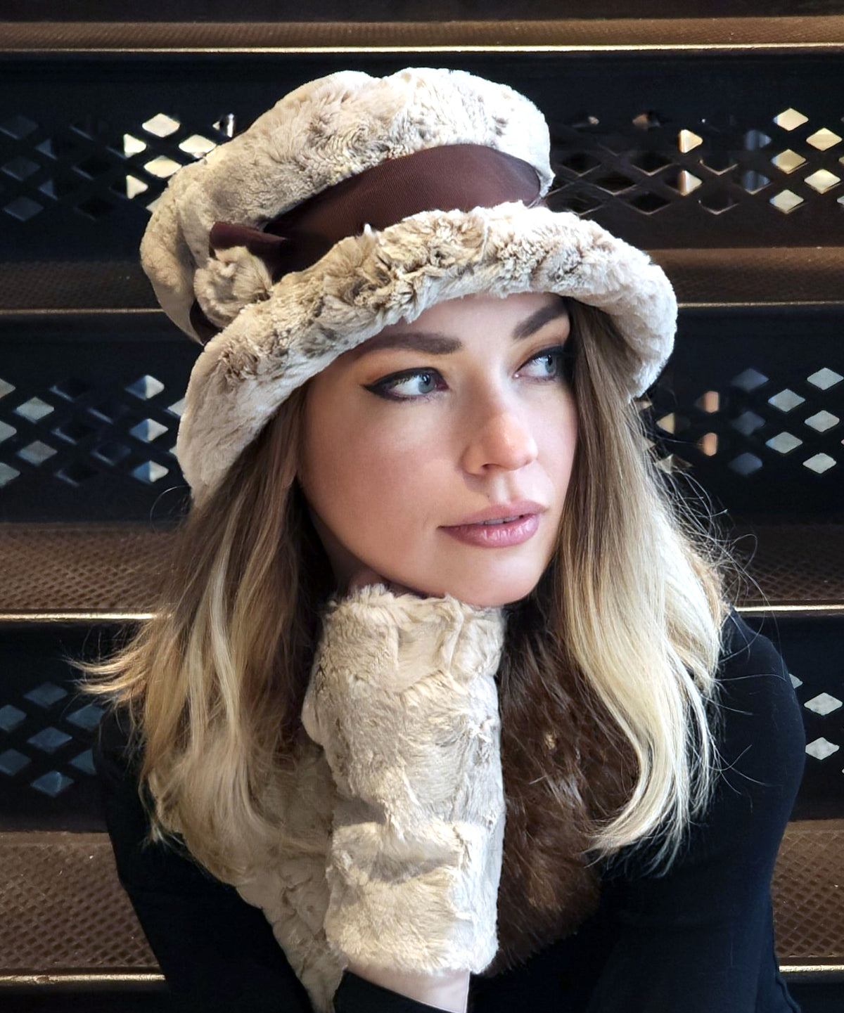 Model in Molly Bucket Hat | Café Au Lait Faux Fur |  Chocolate Grosgrain Band with Matching  Faux Fur Button | Handmade by Pandemonium | Seattle WA USA