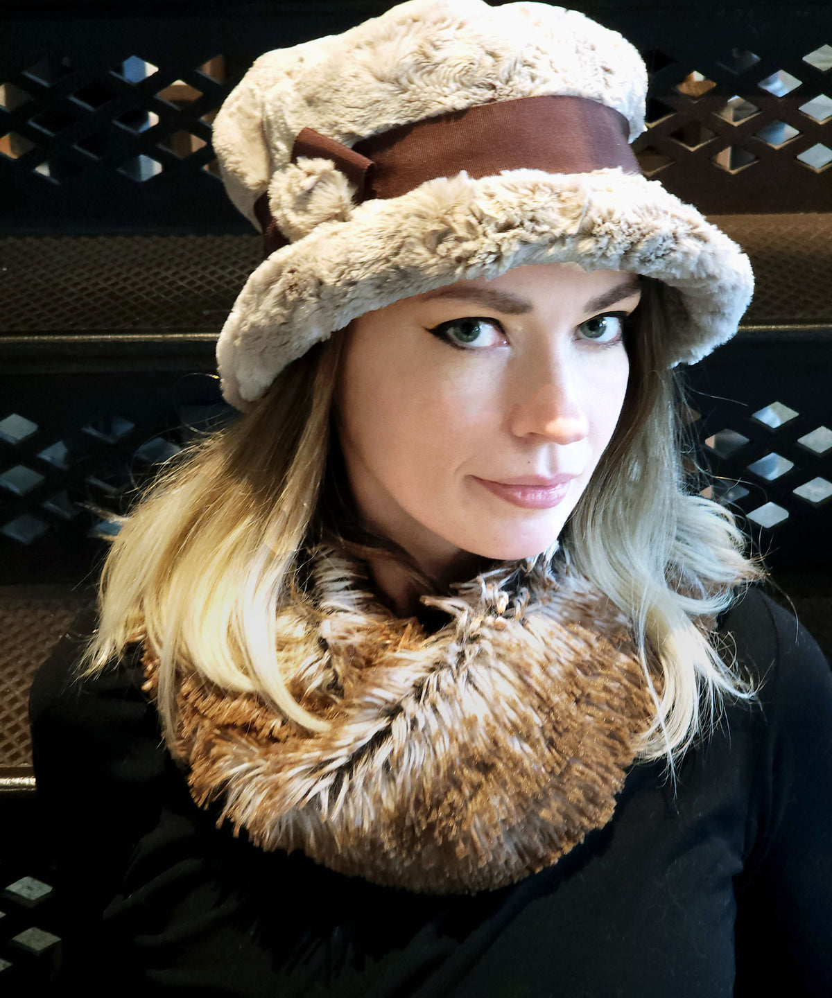 Model in Red Fox Neck Warn Faux Fur |  Handmade by Pandemonium | Seattle WA USA
