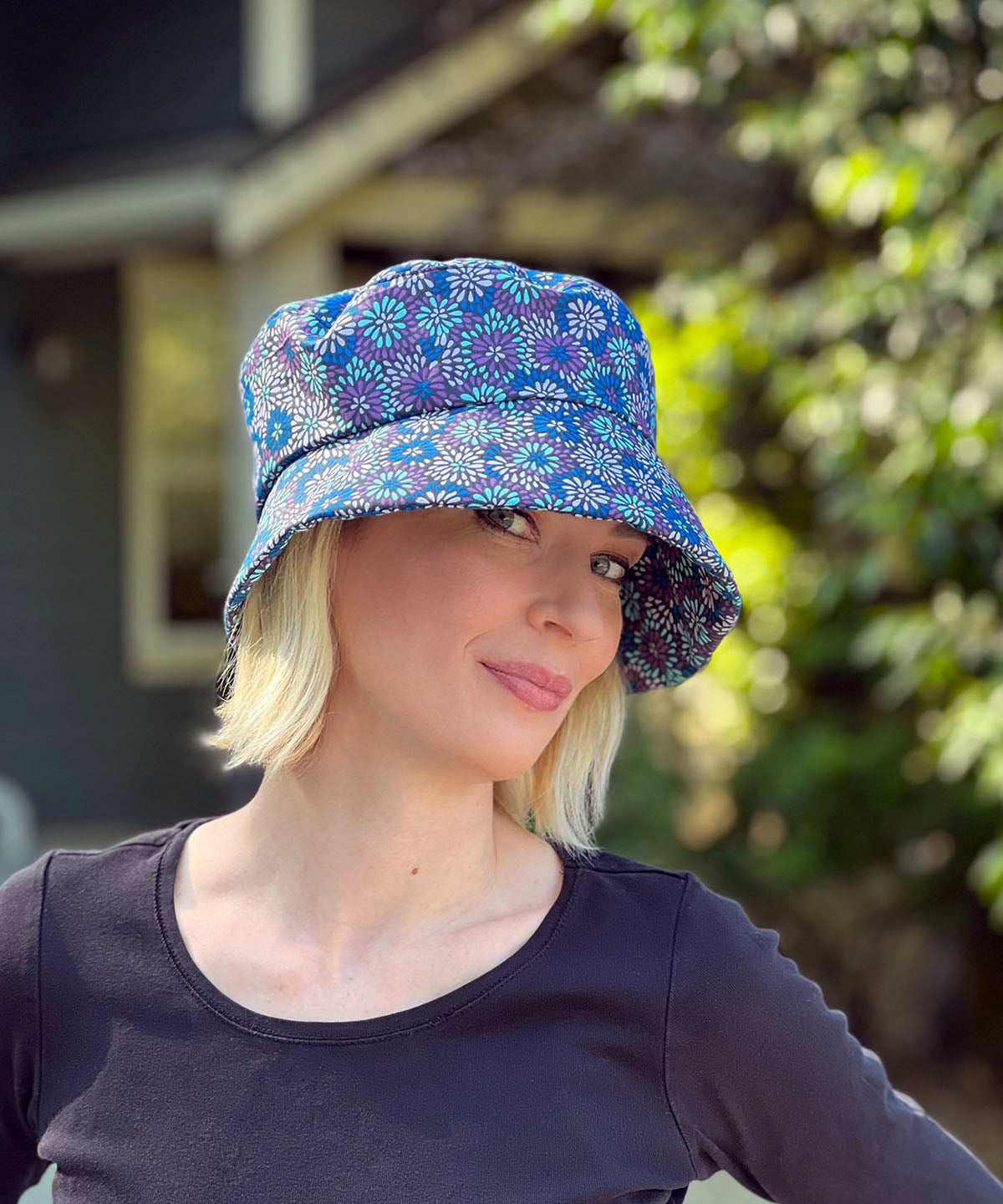 Molly Bucket Style Hat in Blue and Purple Floral Blossom Cotton | Handmade By Pandemonium Millinery in Seattle WA