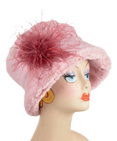 Product shot of Molly Bucket hat in Frosted Cedar with Pomegranate Ostrich Brooch by Pandemonium Seattle. Handmade in Seattle, WA USA.