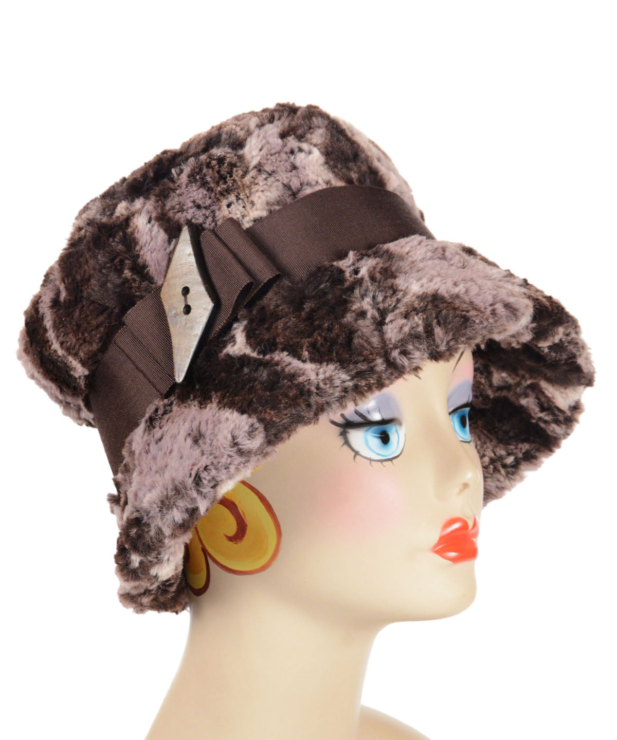 Molly Bucket Hat | Luxury Faux Fur in Mocha with  Chocolate Grosgrain Band and Horn Button | Handmade by Pandemonium | Seattle, Wa USA