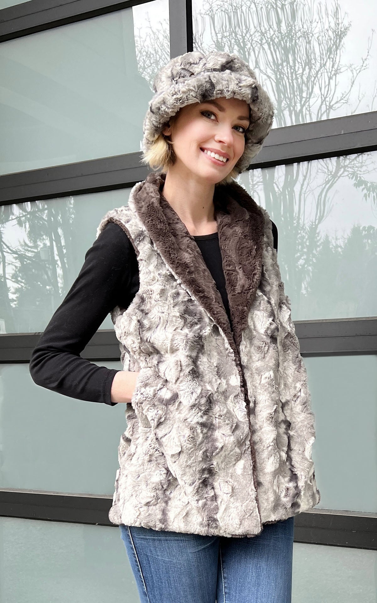 Shawl Collar Vest | White Water Faux Fur with Cuddly Gray Lining | Handmade Seattle, WA, USA by Pandemonium Millinery
