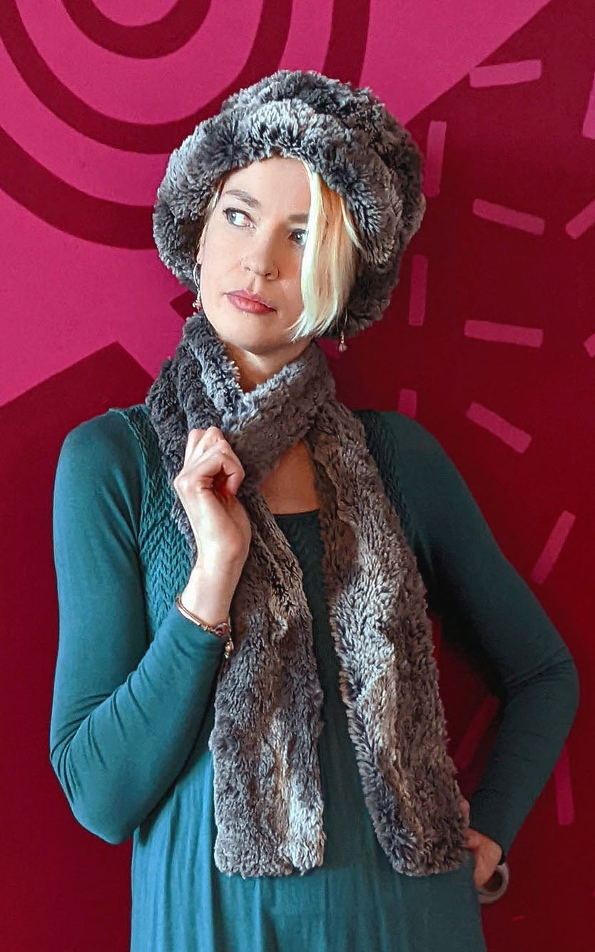 Women wearing Molly Bucket style hat with matching Skinny Classic Scarf | Seattle Sky Faux Fur in grays | Handmade by Pandemonium Millinery Seattle, WA USA