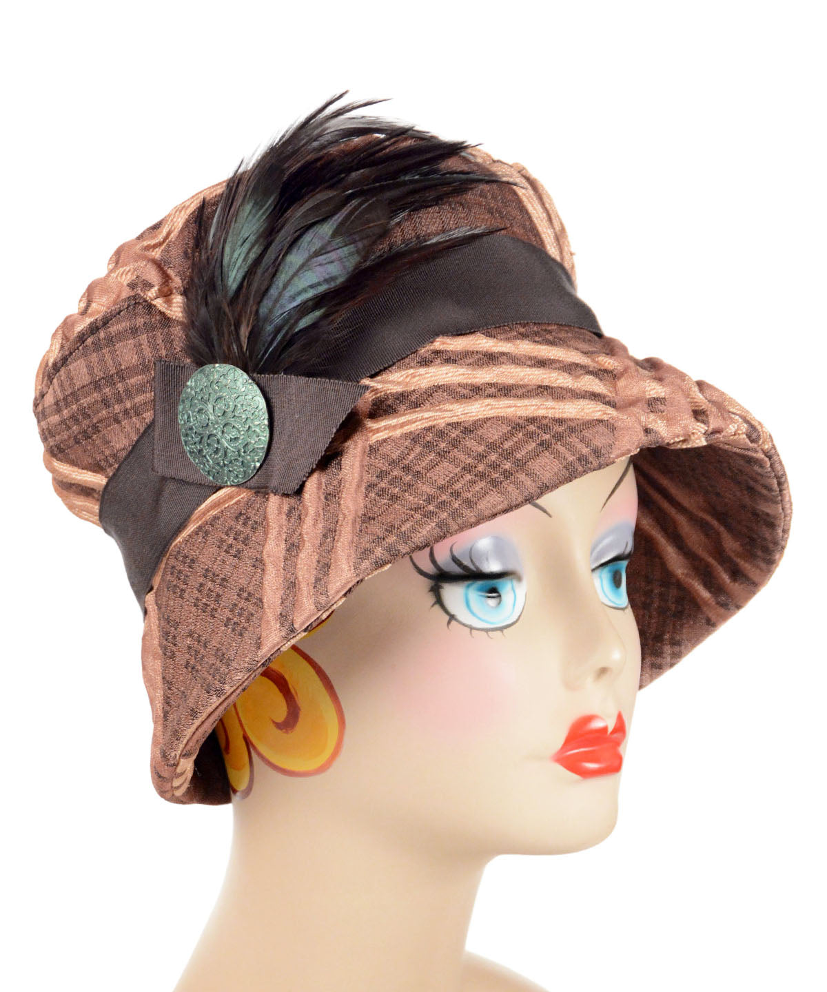 Molly Bucket Style Hat in Copper Plaid with  Feather Brooch with Green Embossed Metal Button  by Pandemonium Seattle.  Handmade in Seattle, WA.