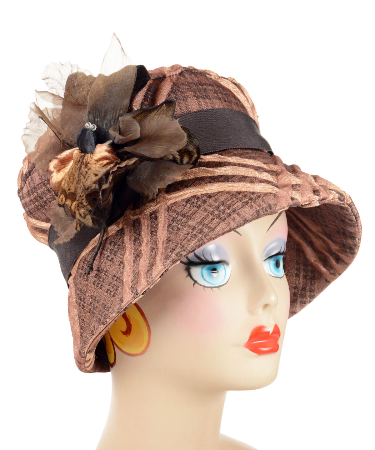 Molly hat in Copper Plaid with Velvet  and Organdy Floral Brooch By Pandemonium Seattle.  Handmade in America.