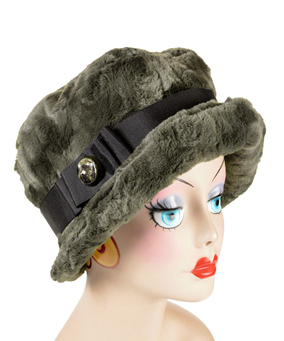 Women&#39;s Molly Bucket Hat in Army Green Cuddly Faux Fur with Bow and Button | Handmade in Seattle WA | Pandemonium Millinery