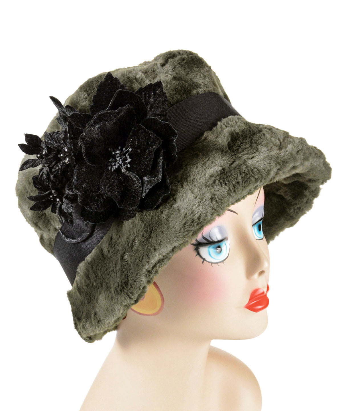 Women's Molly Wide Brim Bucket Hat in Army Green Cuddly Faux Fur | Handmade in Seattle WA | Pandemonium Millinery