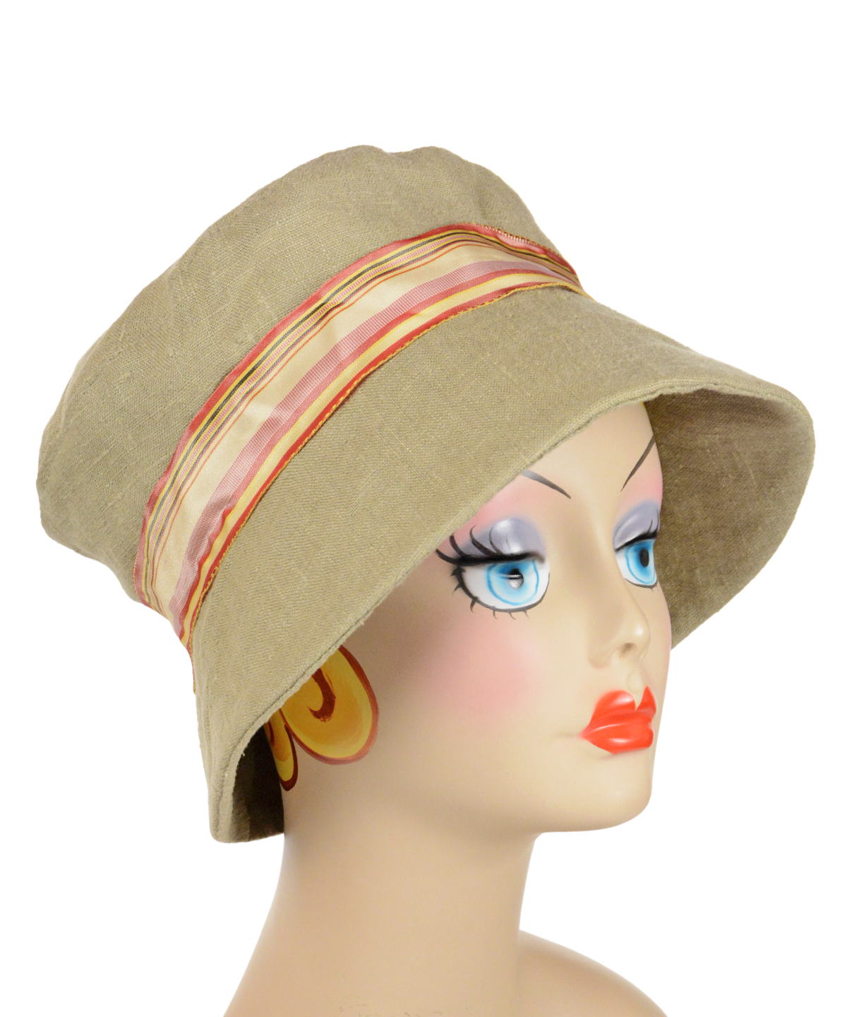 Molly Bucket Style Hat Shetland Linen with  Multi-colored Yellow and Orange Band | Handmade By Pandemonium Millinery | Seattle WA USA