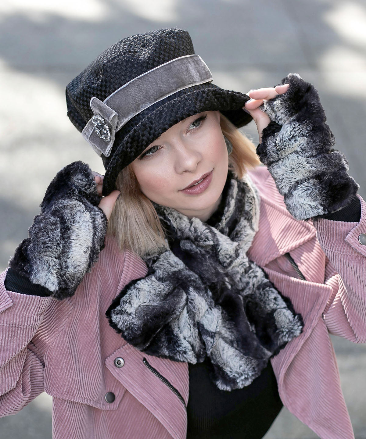 Close up shot of Model wearing Molly Hat in Interconnected in Black | Midori Velvet in Pewter Band with Rhinestone Flower Brooch | Handmade By Pandemonium Millinery | Seattle WA
