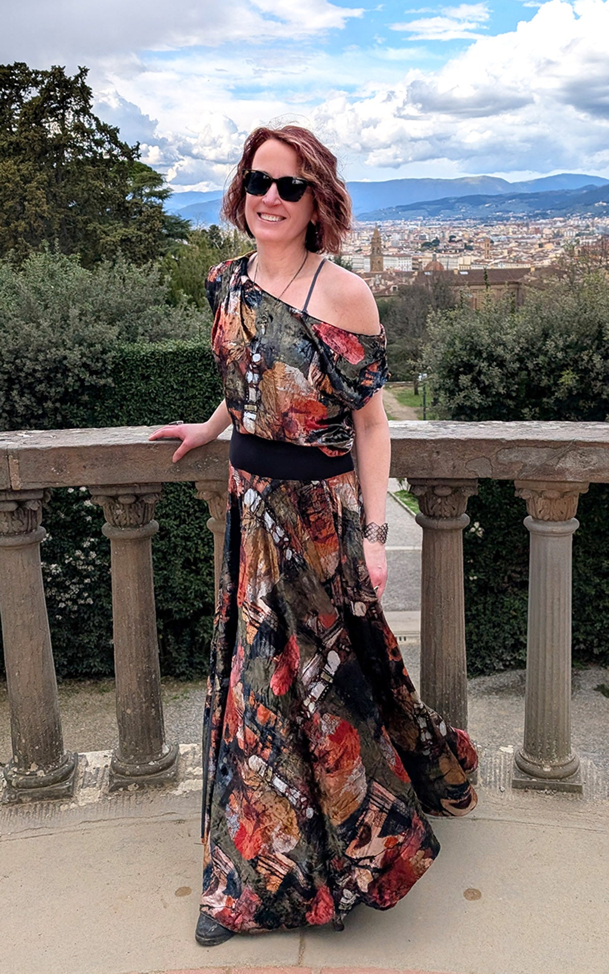 Woman wearing off-shoulder Roma Top in Grand Canyon Velvet handmade in Seattle WA by LYC