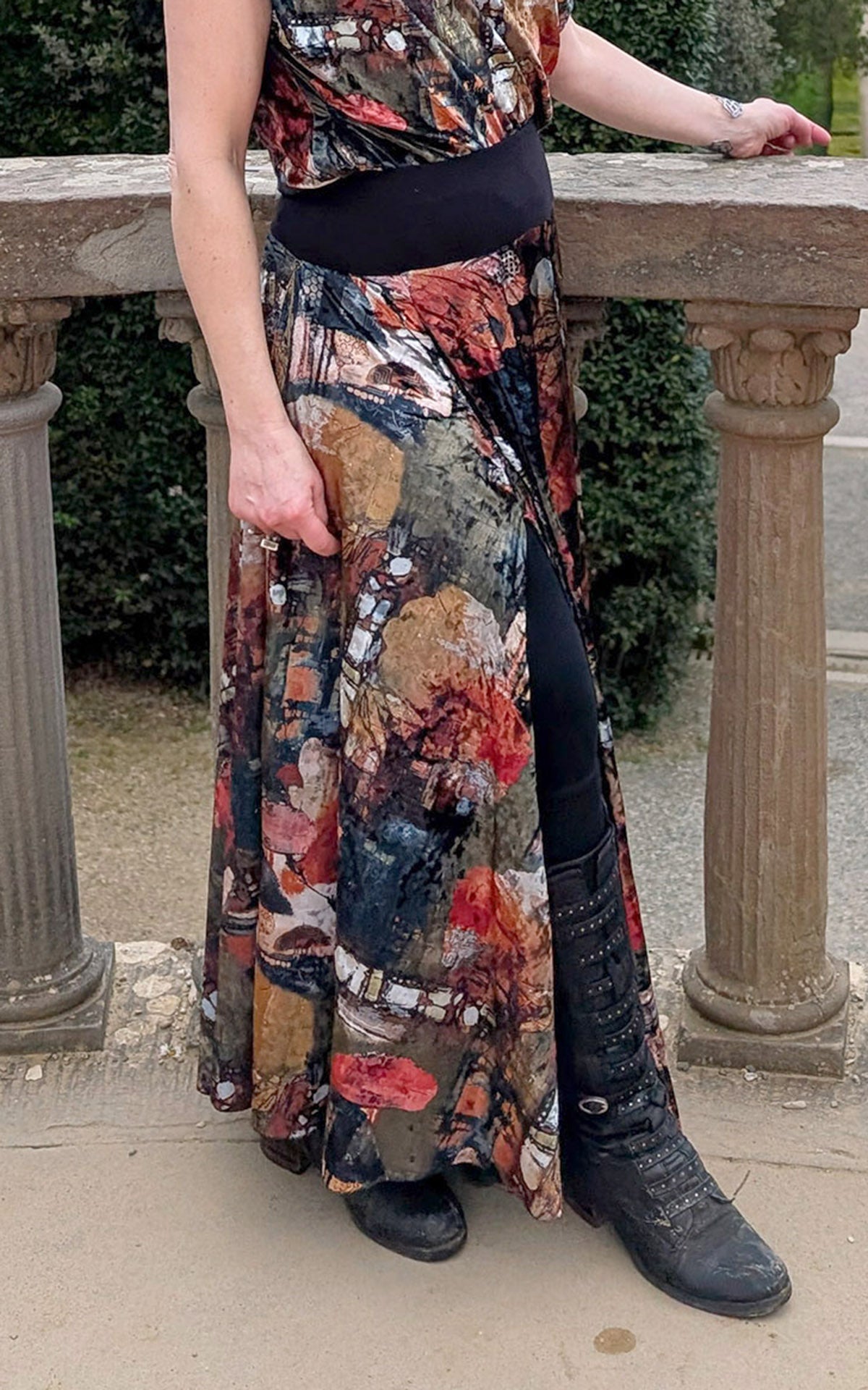 close up of woman wearing monarch circle skirt in grand canyon velvet handmade by LYC x Pandemonium in Seattle, WA, USA