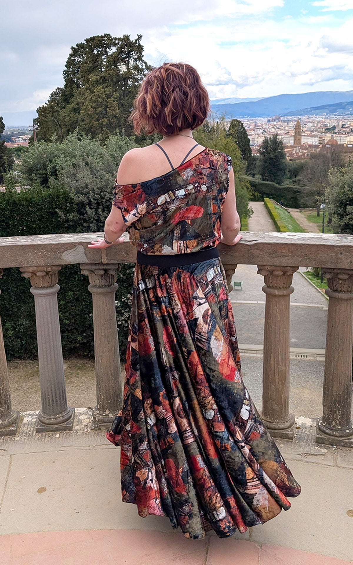 Close up of woman wearing off-shoulder Roma Top in Grand Canyon Velvet handmade in Seattle WA by LYC