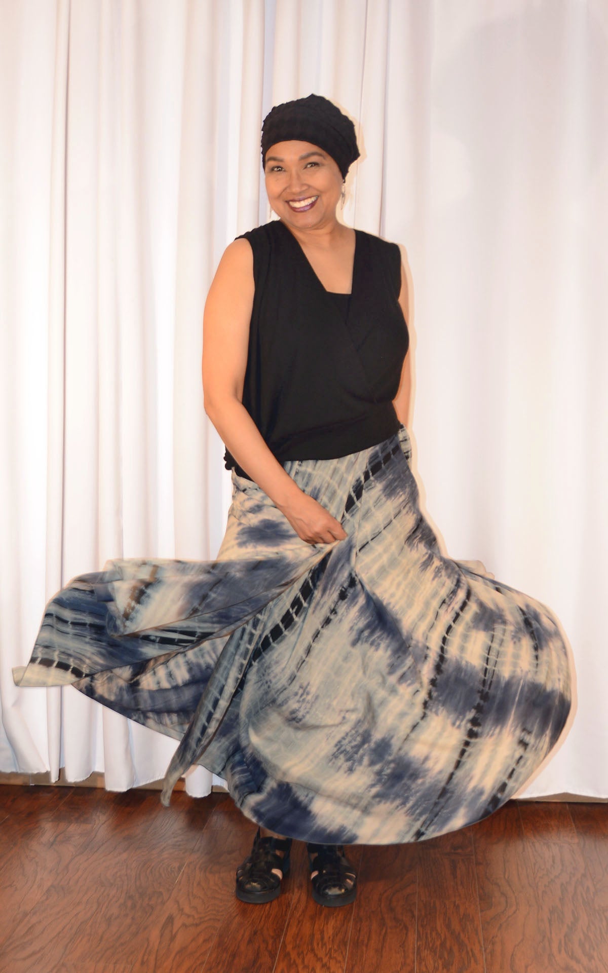 woman twirling in monarch circle skirt in blue tea and swallowtail sash top in scorpion desert crepe handmade by LYC x Pandemonium in Seattle, WA, USA