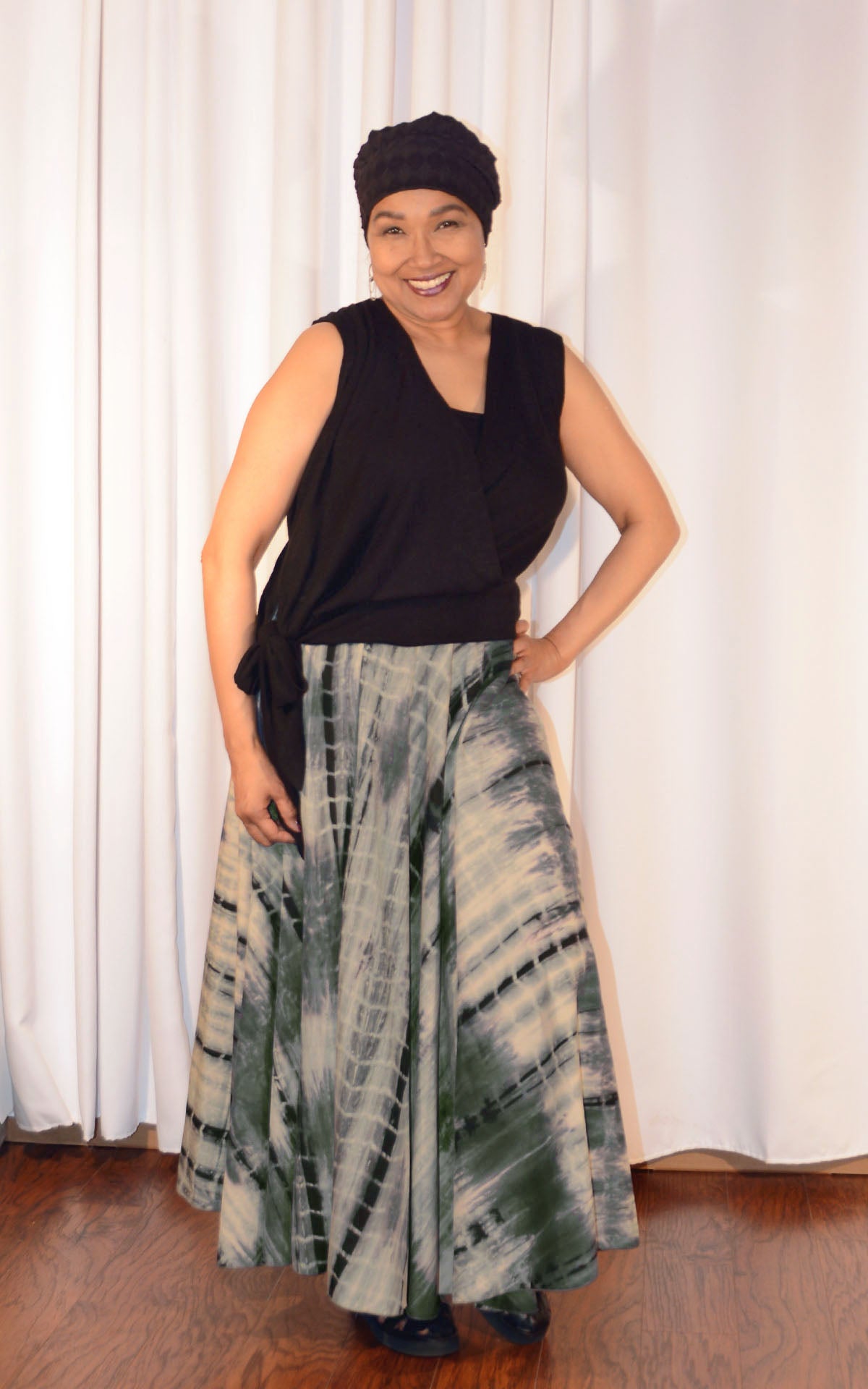 woman twirling in monarch circle skirt in blue tea and swallowtail sash top in scorpion desert crepe handmade by LYC x Pandemonium in Seattle, WA, USA