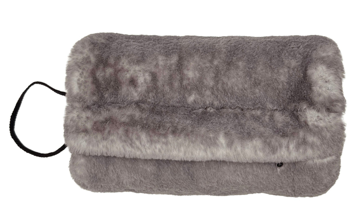Hand Muff with zipper pocket and wrist loop, in Coastal Plush Olympic Fog Faux Fur with Cuddly Smoky Faux Fur inside. Made in Seattle, WA, USA by Pandemonium Seattle.