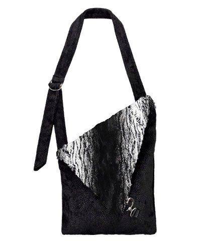 Naples Messenger Bag | Black Pebbles Upholstery with Sequoia Faux Fur Flap | handmade in Seattle WA by Pandemonium Millinery USA
