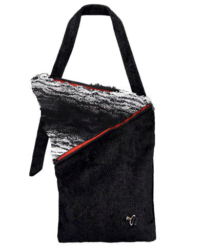 Naples Messenger Bag with red lining | Black Pebbles Upholstery with Sequoia Faux Fur Flap | handmade in Seattle WA by Pandemonium Millinery USA