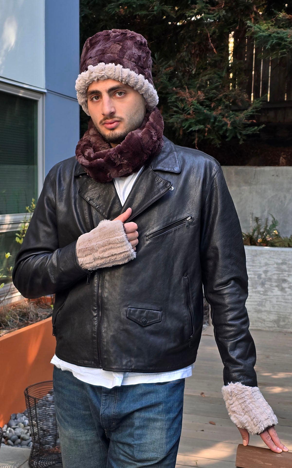 Male Model standing while wearing Men&#39;s Fingerless Gloves | Cirrus Honey Faux Fur | Featuring a Matching Cuffed Pillbox with Chocolate Neckwarmer | Handmade in Seattle, WA USA | By 